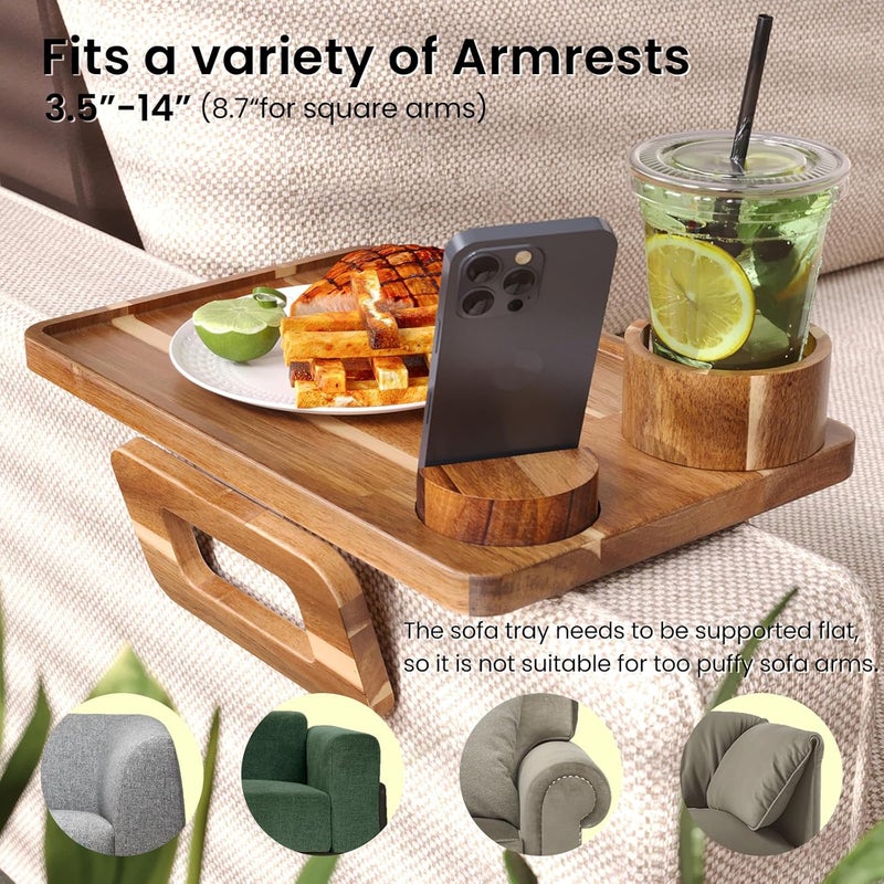 Danfoxer 3 in 1 Acacia Wood Couch Arm Tray,Couch Tray with Cup Holder and Phone Holder,Folding Sofa Armrest Trays Clip-On Sofas Desk for Drinks,Snacks,Phone,Remote Control - Image 3